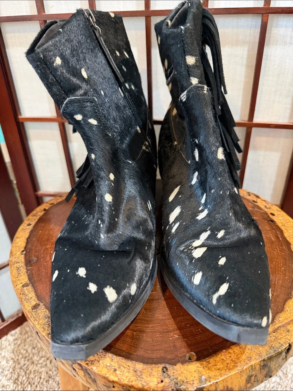 Dingo Hair Cowhide Ankle Boots Fringe Zip Black & White 8.5